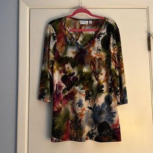 Attitudes by Renee Jersey knit Tunic. Sz L. Brown floral poly/spandex 3/4 sleeve